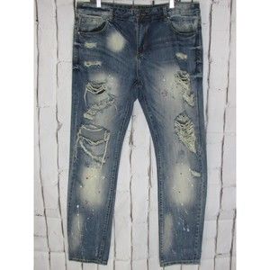 Crysp Denim Men Jeans Size 38 Straight Distressed Faded Paint 100% Cotton Denim